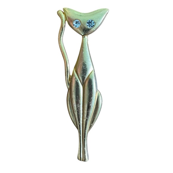 Vintage Jewelry - Gold Tone Slim Cat Brooch with Rhinestone Eyes